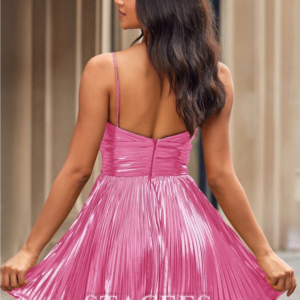 Stacees Metallic Pink Strappy Mini Dress With Pleats XS NWT - Picture 3 of 9